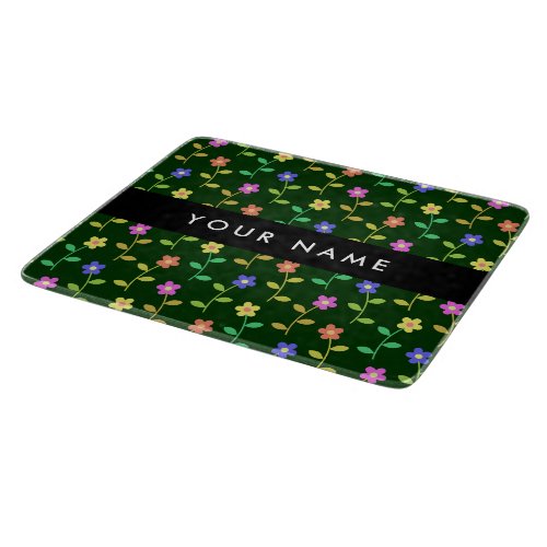 Colorful Flowers Green Background Black Cutting Board