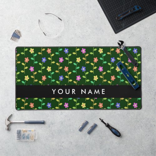 Colorful Flowers Green Background Black Desk Mat