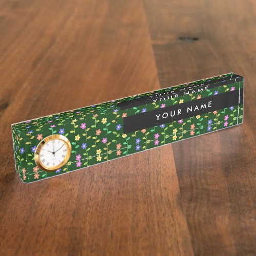 Colorful Flowers Green Background Black Desk Name Plate
