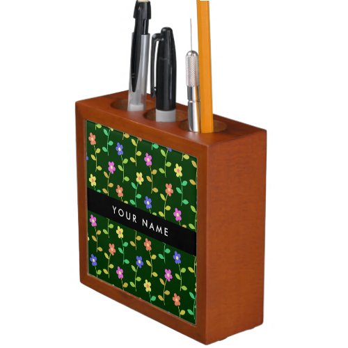 Colorful Flowers Green Background Black Desk Organizer