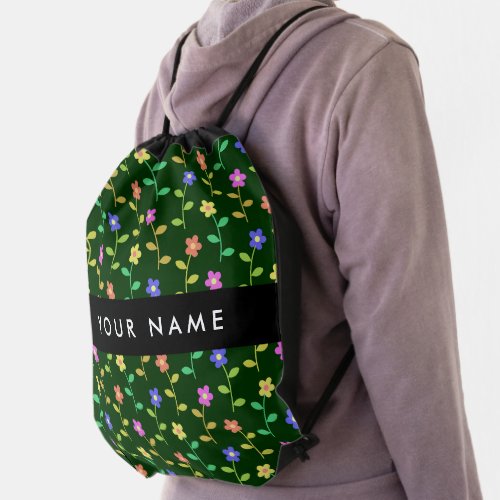 Colorful Flowers Green Background Black Drawstring Bag