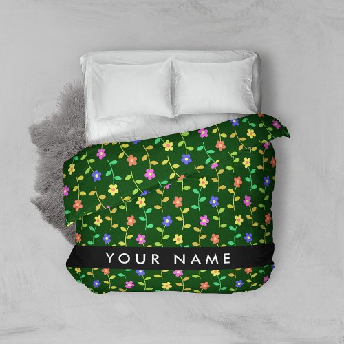 Colorful Flowers Green Background Black Duvet Cover
