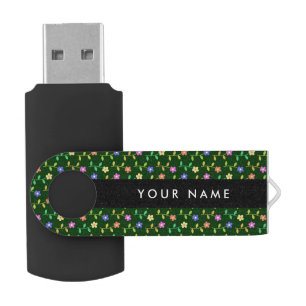 Colorful Flowers, Green Background, Black Flash Drive