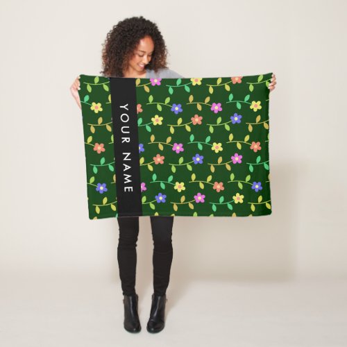 Colorful Flowers Green Background Black Fleece Blanket