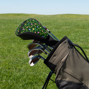 Colorful Flowers, Green Background, Black Golf Head Cover