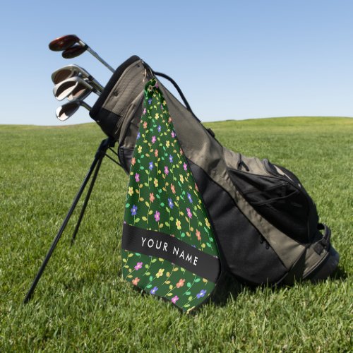 Colorful Flowers Green Background Black Golf Towel