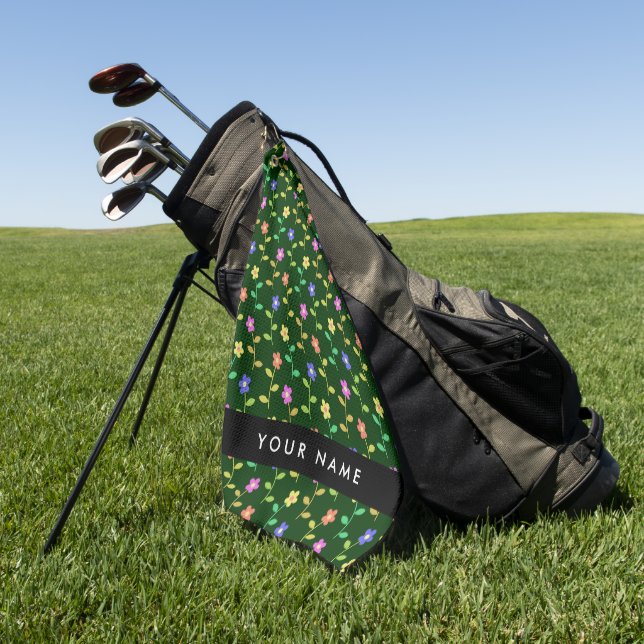 Colorful Flowers, Green Background, Black Golf Towel (Green)