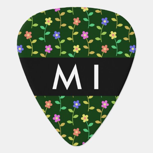 Colorful Flowers Green Background Black Guitar Pick