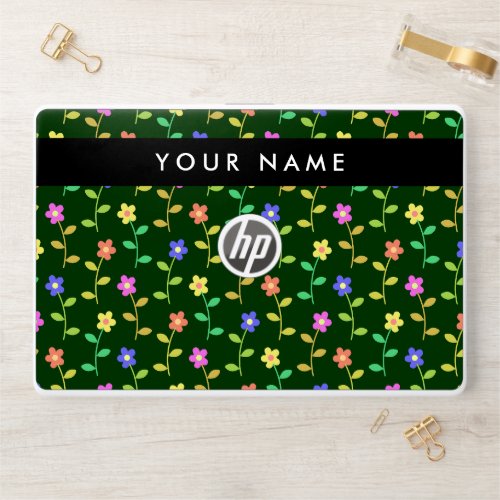 Colorful Flowers Green Background Black HP Laptop Skin