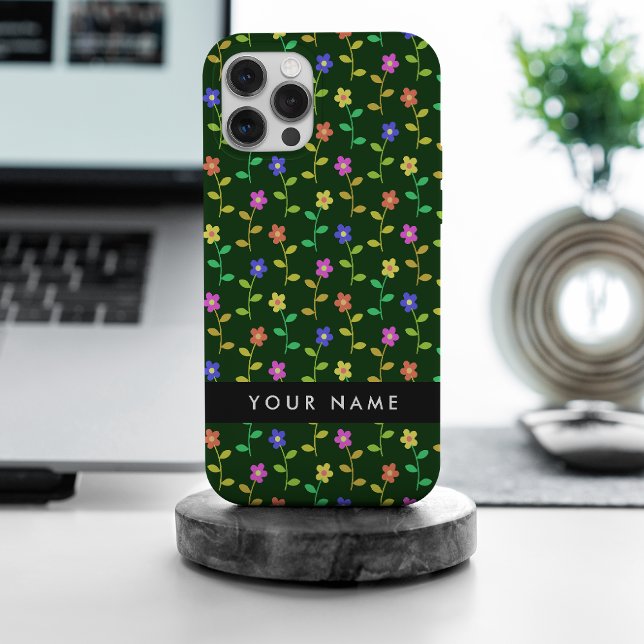 Colorful Flowers, Green Background, Black iPhone Case (Creator Uploaded)