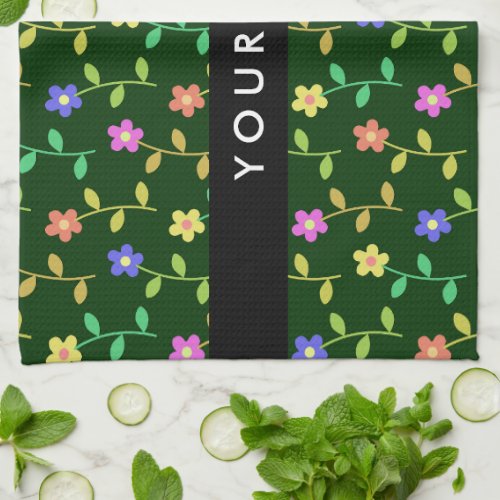 Colorful Flowers Green Background Black Kitchen Towel