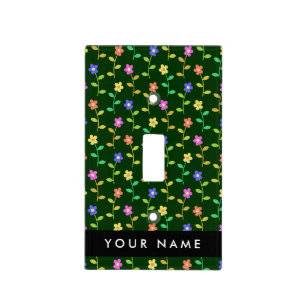 Colorful Flowers, Green Background, Black Light Switch Cover