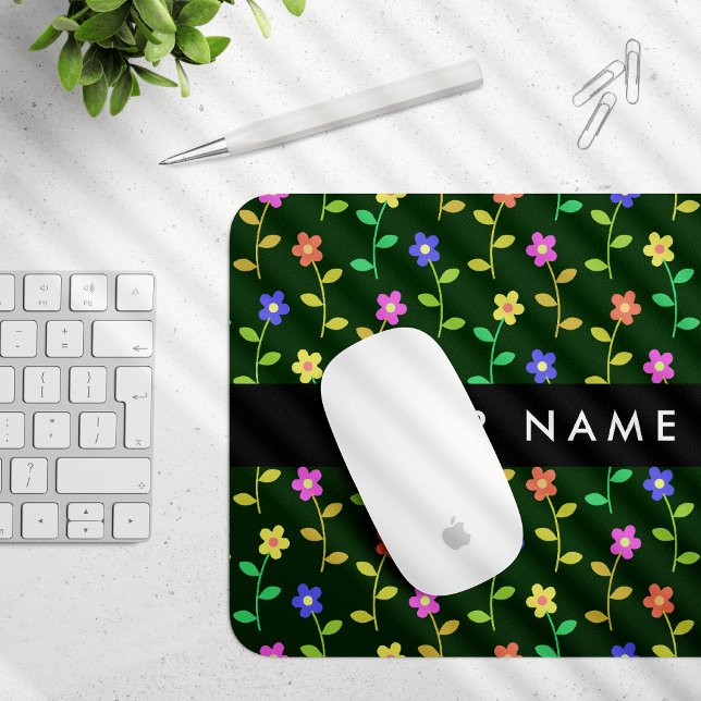 Colorful Flowers, Green Background, Black Mouse Pad (Creator Uploaded)