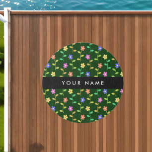 Colorful Flowers, Green Background, Black Outdoor Rug
