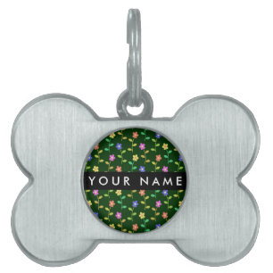 Colorful Flowers, Green Background, Black Pet ID Tag