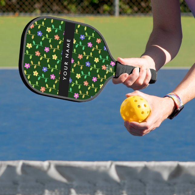 Colorful Flowers, Green Background, Black Pickleball Paddle (Insitu)