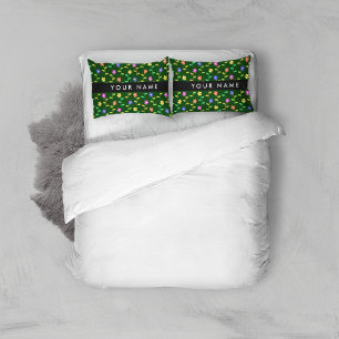 Colorful Flowers, Green Background, Black Pillow Case