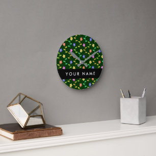 Colorful Flowers, Green Background, Black Round Clock