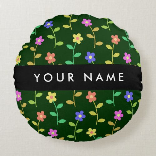 Colorful Flowers Green Background Black Round Pillow