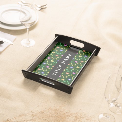 Colorful Flowers Green Background Black Serving Tray