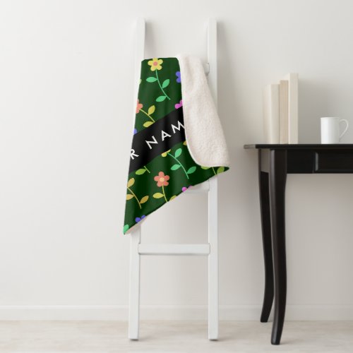 Colorful Flowers Green Background Black Sherpa Blanket