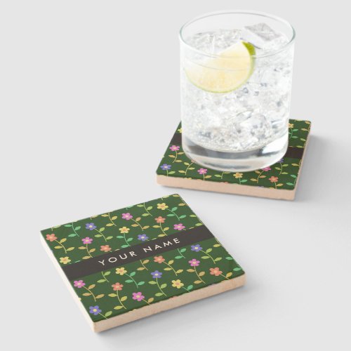 Colorful Flowers Green Background Black Stone Coaster