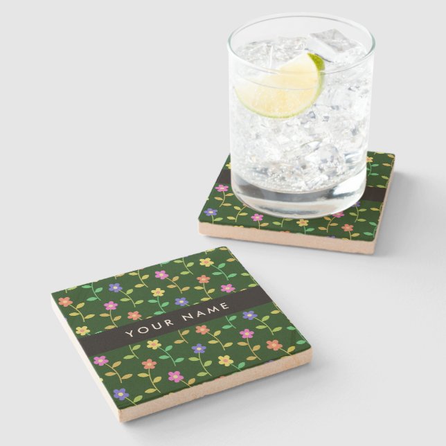 Colorful Flowers, Green Background, Black Stone Coaster (Side)