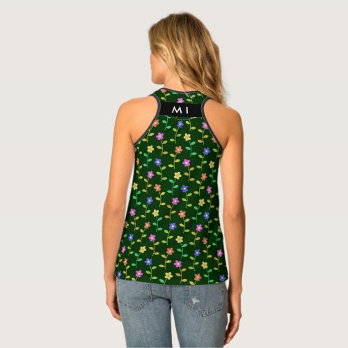 Colorful Flowers Green Background Black Tank Top