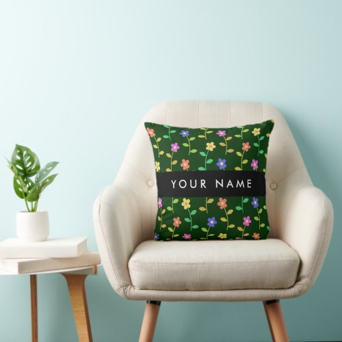 Colorful Flowers Green Background Black Throw Pillow