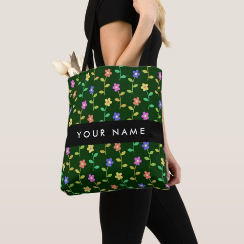 Colorful Flowers Green Background Black Tote Bag