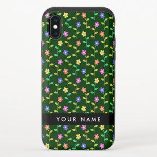 Colorful Flowers, Green Background, Black iPhone XS Slider Case