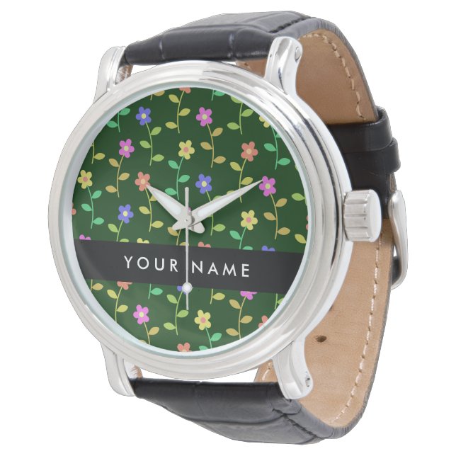 Colorful Flowers, Green Background, Black Watch (Angled)