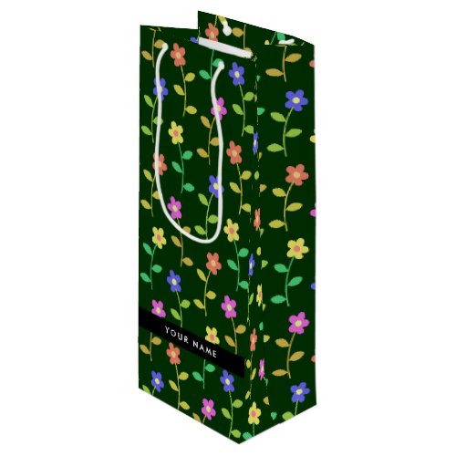 Colorful Flowers Green Background Black Wine Gift Bag