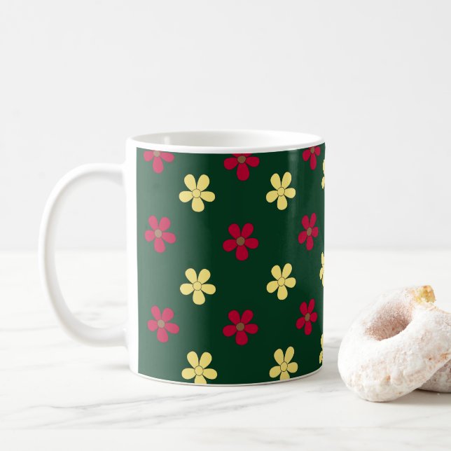 Colorful Flowers Green Cute Floral Pattern Coffee Mug (With Donut)