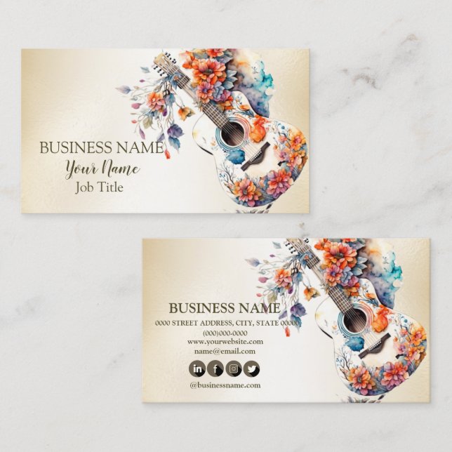 Colorful Flowers Guitar Music Instrument Business Card (Front/Back)