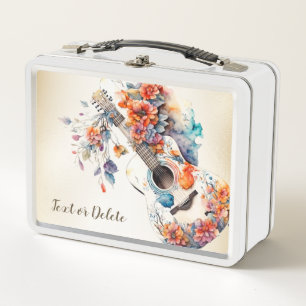 Colorful Flowers Guitar Music Instrument Elegant Metal Lunch Box