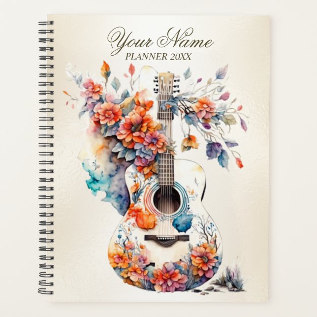 Colorful Flowers Guitar Music Instrument Elegant Planner (Front)