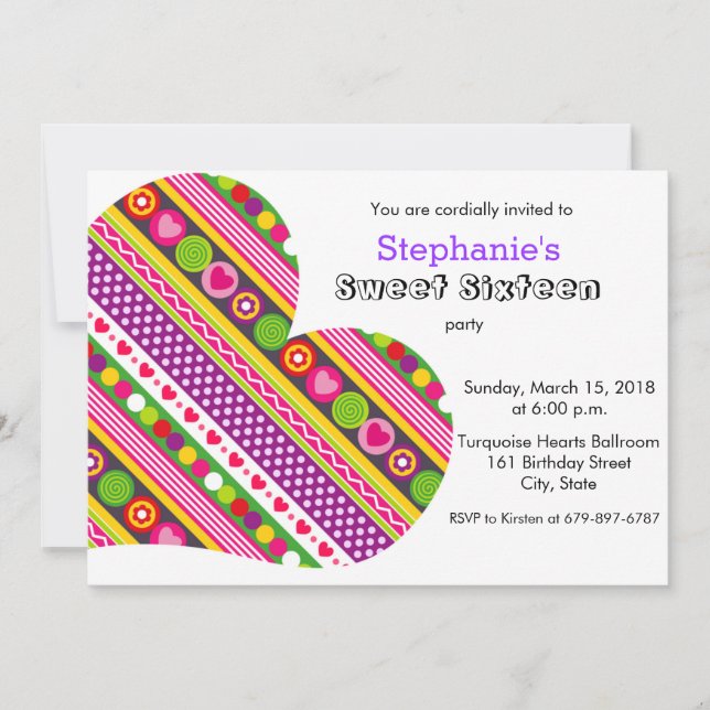 Colorful flowers hearts Sweet 16 Party Invitation (Front)