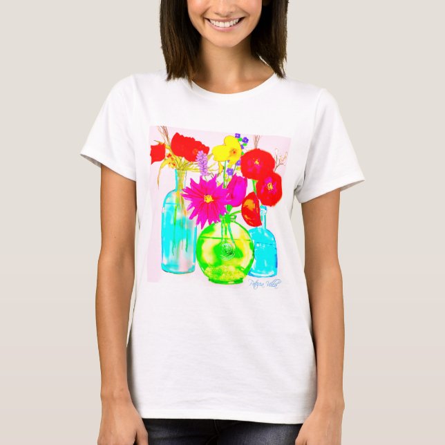 Colorful Flowers in Bottles on T-Shirt (Front)