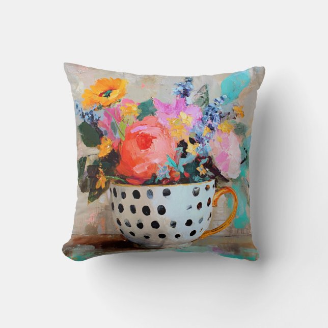 Colorful Flowers in Polka Dot Teacup Throw Pillow (Front)