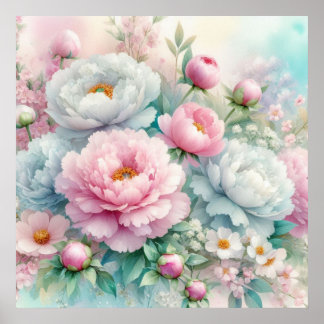 Colorful flowers in soft pastel colors watercolor poster