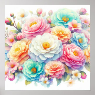 Colorful flowers in soft pastel colors watercolor poster