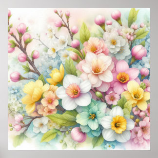 Colorful flowers in soft pastel colors watercolor poster
