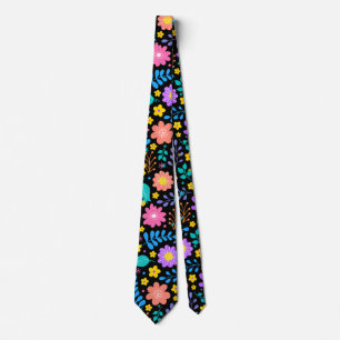 Colorful flowers in sparkling stars pattern Black Neck Tie