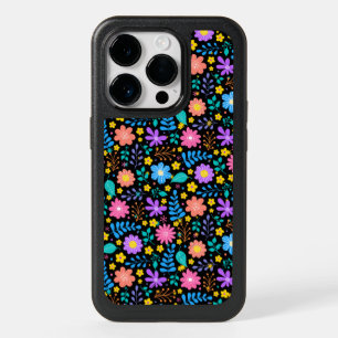 Colorful flowers in sparkling stars pattern Black OtterBox iPhone 14 Pro Case