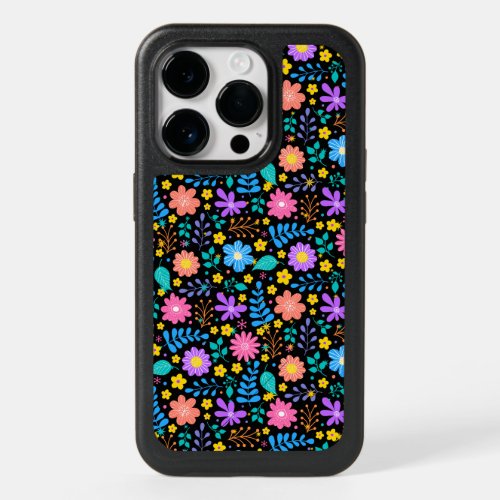 Colorful flowers in sparkling stars pattern Black  OtterBox iPhone 14 Pro Case
