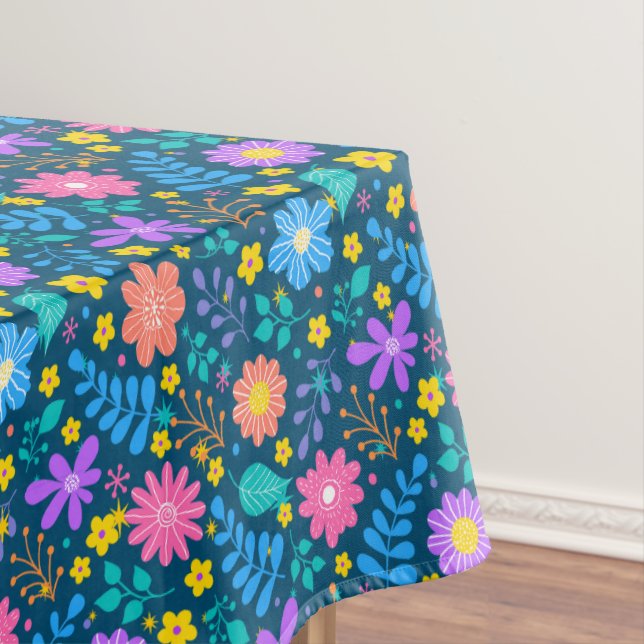 Colorful flowers in sparkling stars pattern D Blue Tablecloth (In Situ)