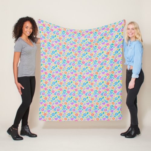 Colorful flowers in sparkling stars pattern offwhi fleece blanket