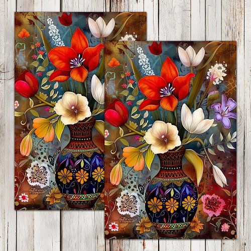 COLORFUL FLOWERS IN VASE DECOUPAGE TISSUE PAPER