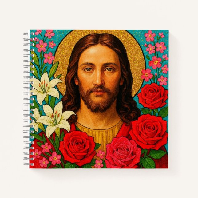 Colorful Flowers Jesus Notebook. Notebook (Front)